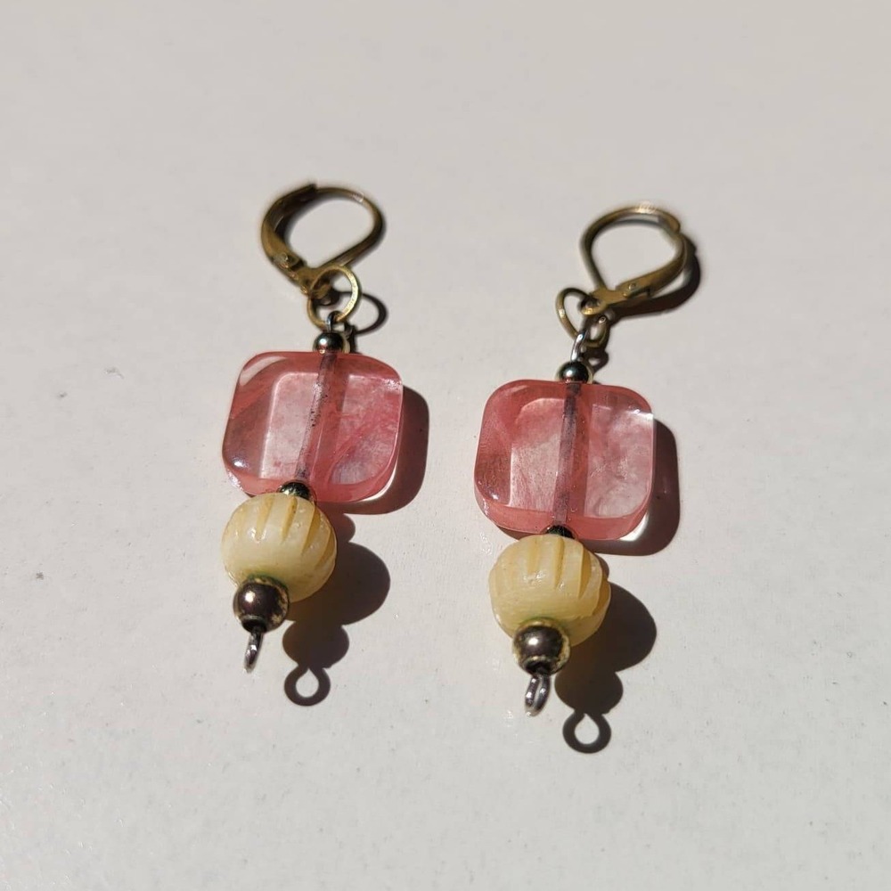 Vintage Drop Earrings Pink Cream Leverback Boho Carved Bead